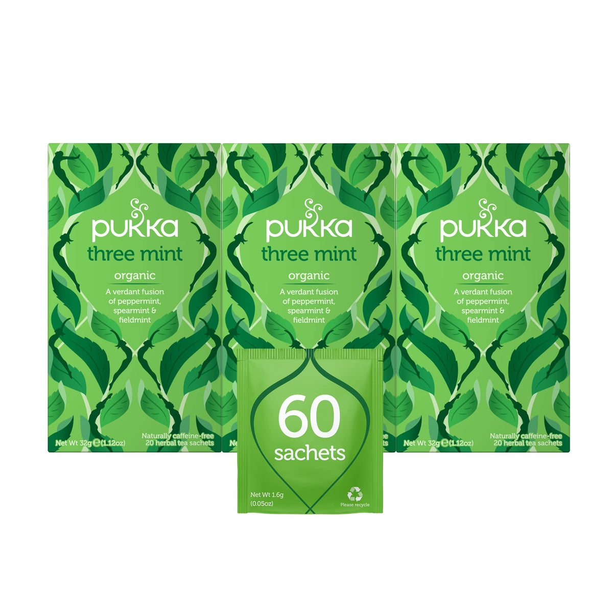 Pukka Three Mint tea bags pack for a refreshing cooling brew