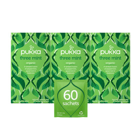 Pukka Three Mint tea bags pack for a refreshing cooling brew