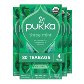 Pukka Three Mint tea bags packaging highlights eco-friendly, plastic-free sachets for sustainable use