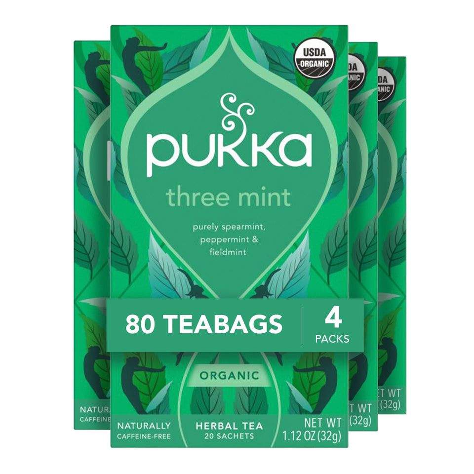 Pukka Three Mint tea bags packaging highlights eco-friendly, plastic-free sachets for sustainable use