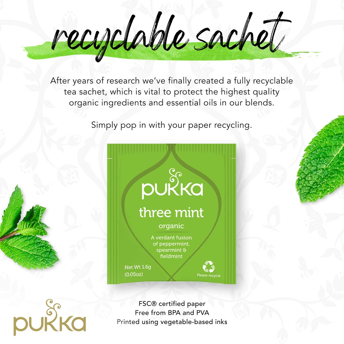 Pukka Three Mint tea bags steeping to release vibrant mint aroma