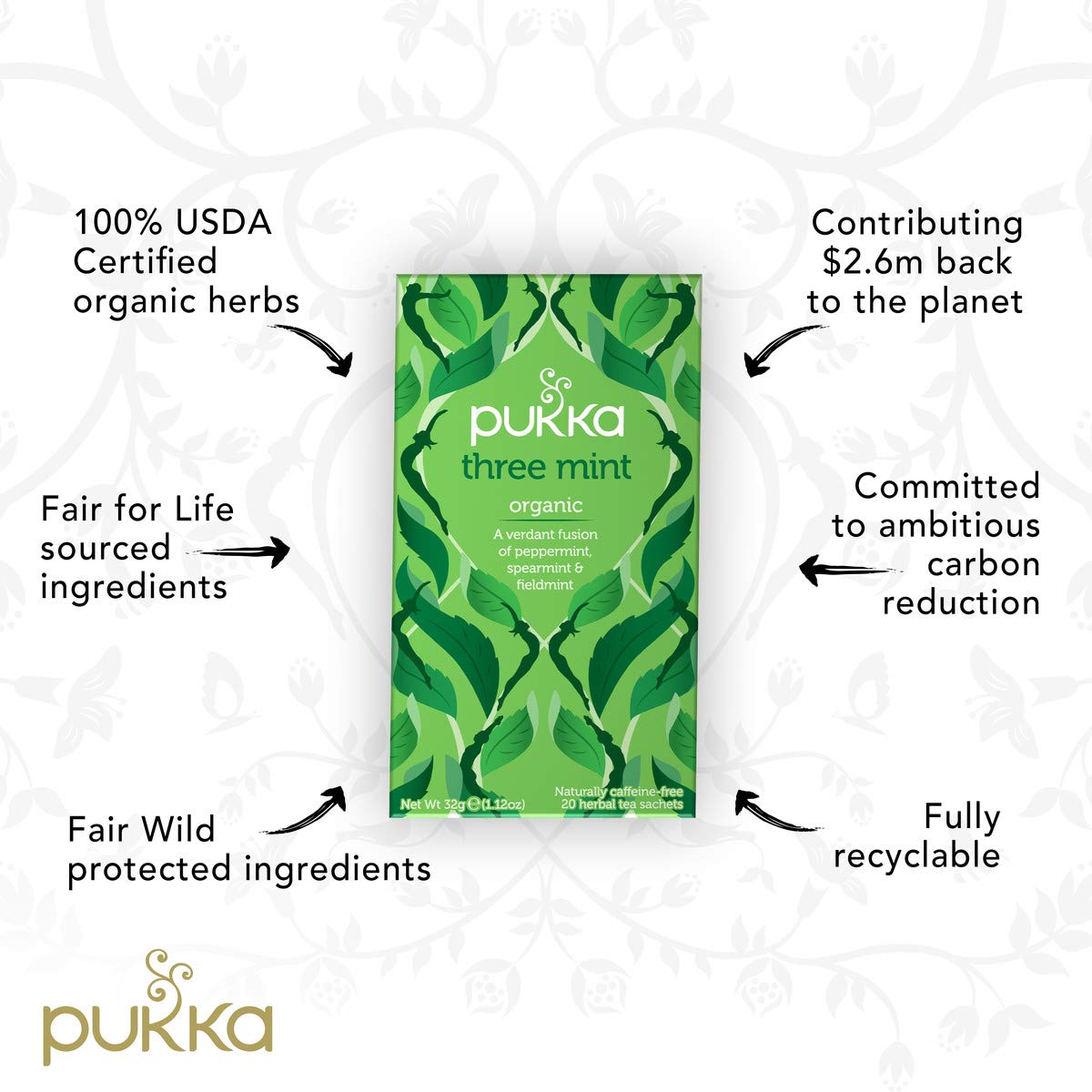 Pukka Three Mint tea bags in cup showing crisp mint flavor