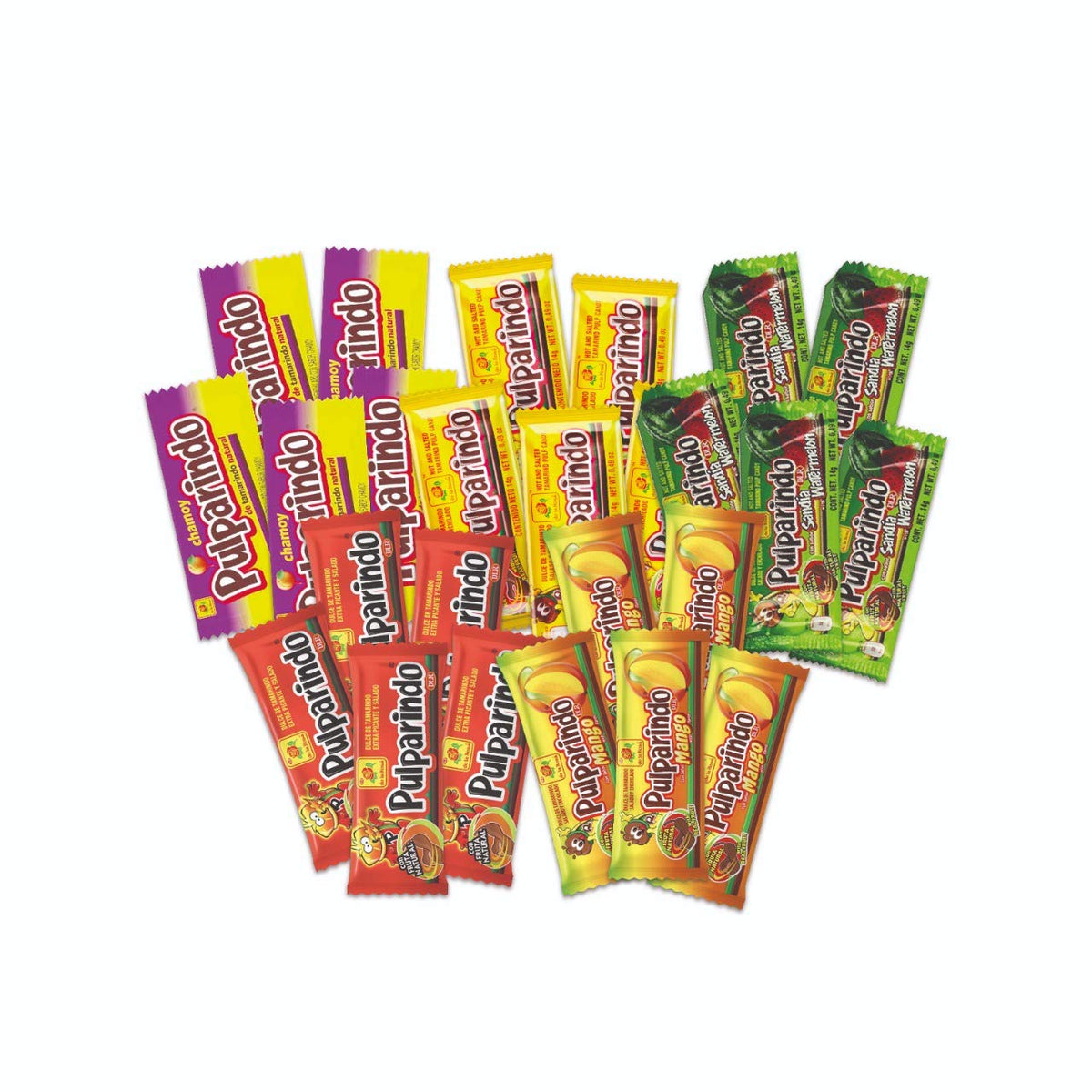 Pulparindo assorted flavors bag showing original, chamoy, mango, watermelon, and Xhot for sharing