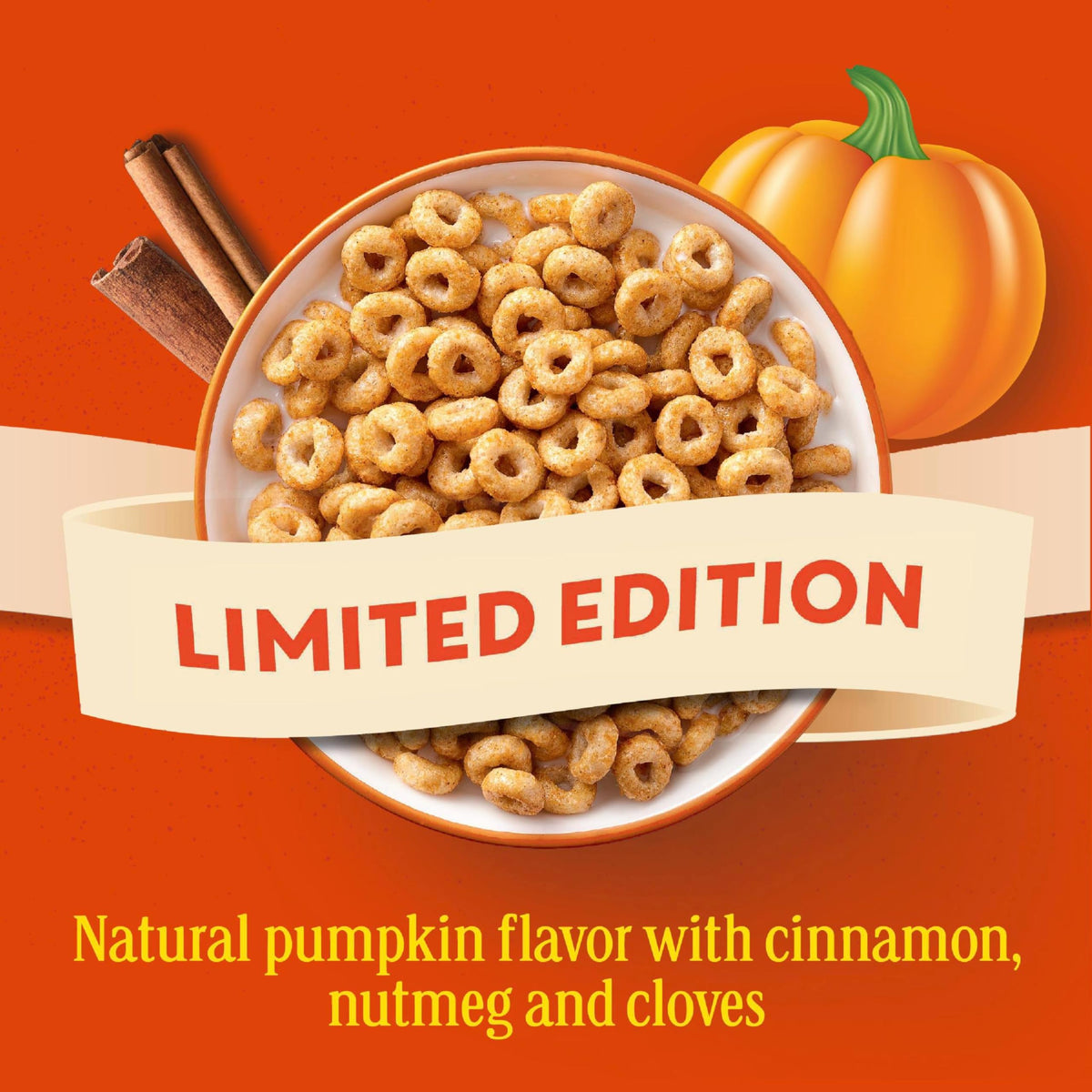 Close-up of pumpkin spice Cheerios Os, natural flavor with cinnamon and nutmeg.