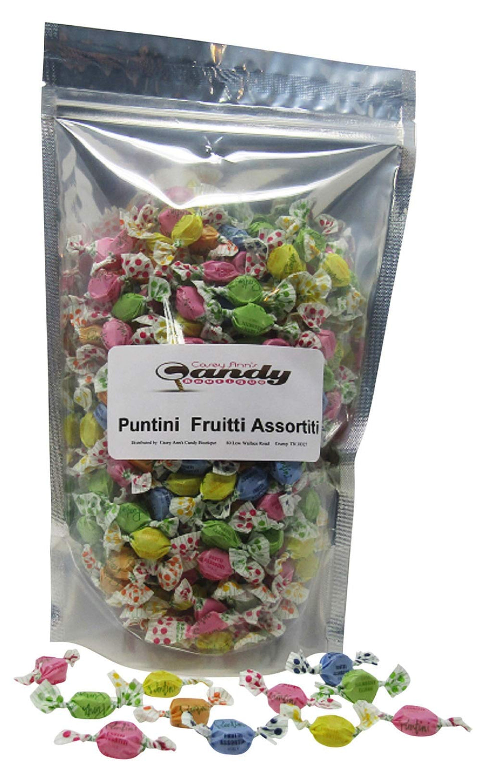 Puntini Italian Jujubes wrapper close-up shows polka dots and chewy fruity flavor for snacking.