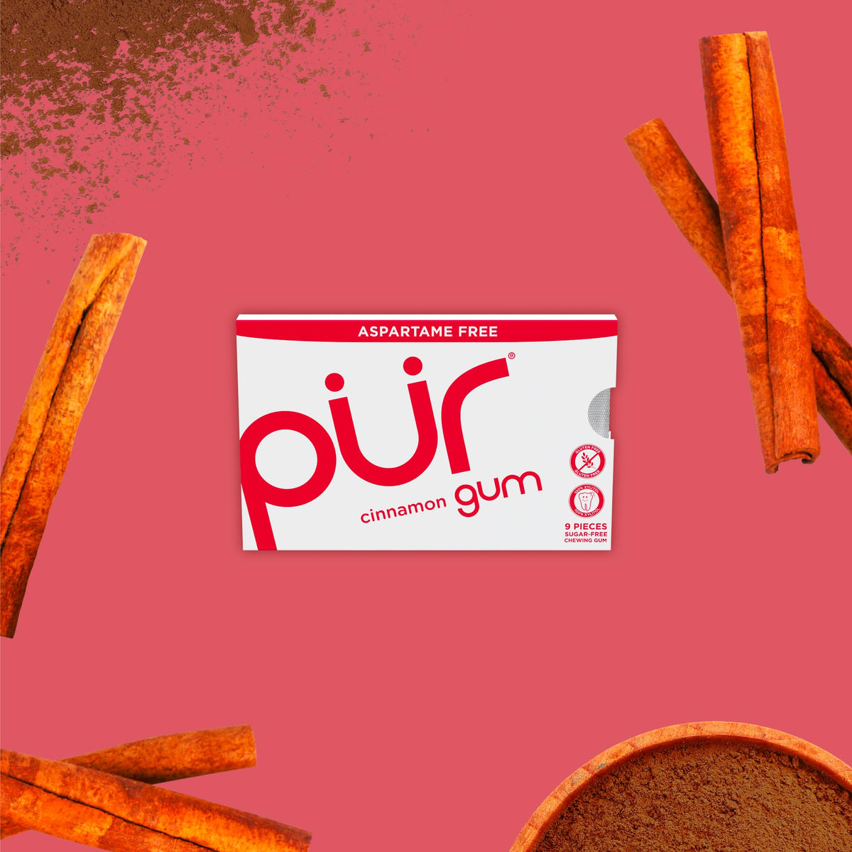Pur Gum aspartame-free, sugar-free with natural xylitol sweetness.