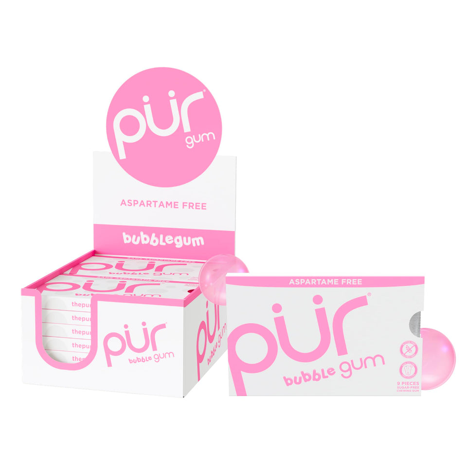 PUR Gum bubblegum blister pack showing natural xylitol sweetness.