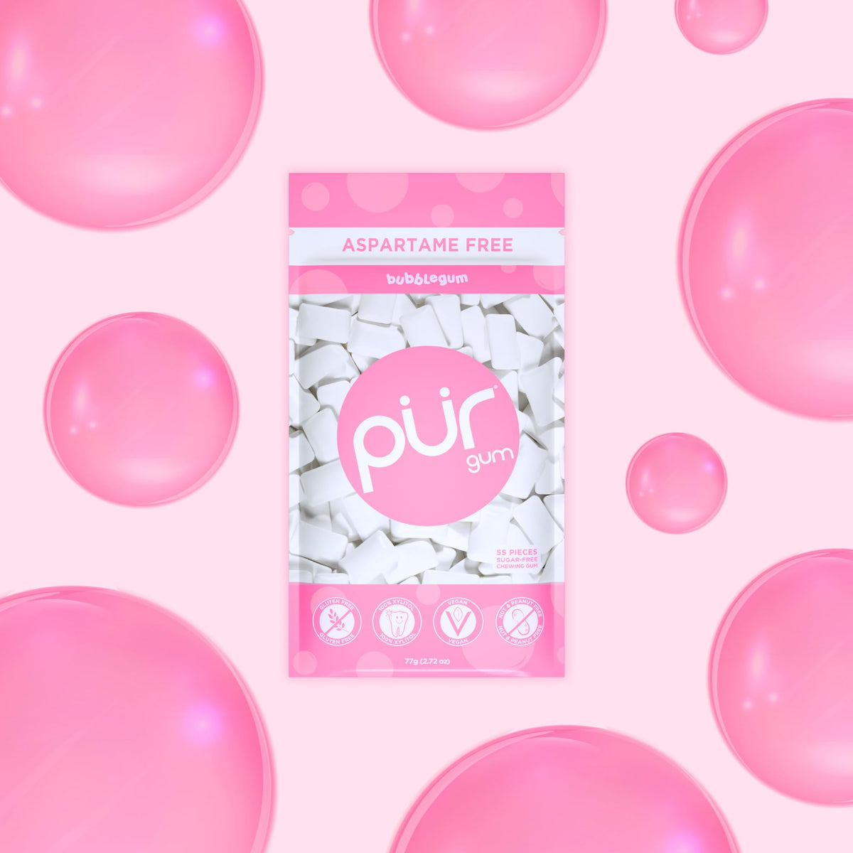 PUR Gum bubblegum flavor highlighting natural xylitol sweetness and lower calories.