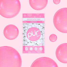 PUR Gum bubblegum flavor highlighting natural xylitol sweetness and lower calories.