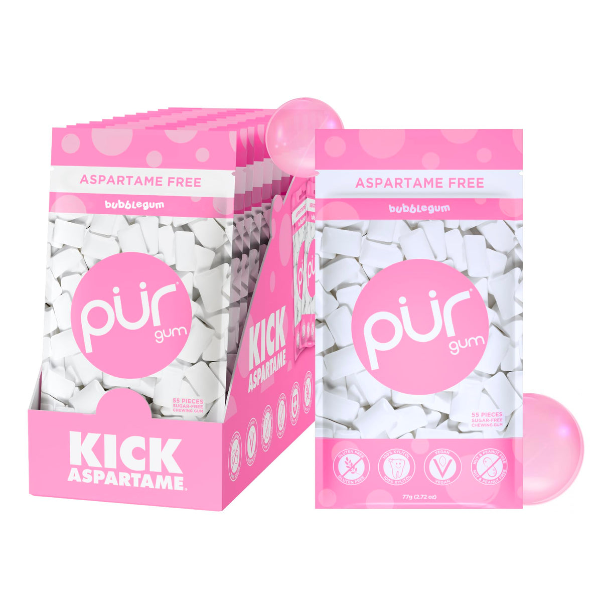 PUR Gum bubblegum pack shot with resealable bag for on-the-go freshness.