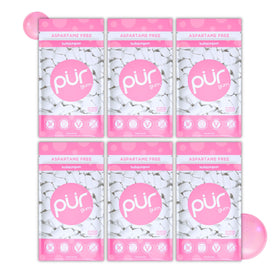 PUR Gum Bubblegum pack with 55 pieces in a six-pack for a nostalgic, sugar-free snack.
