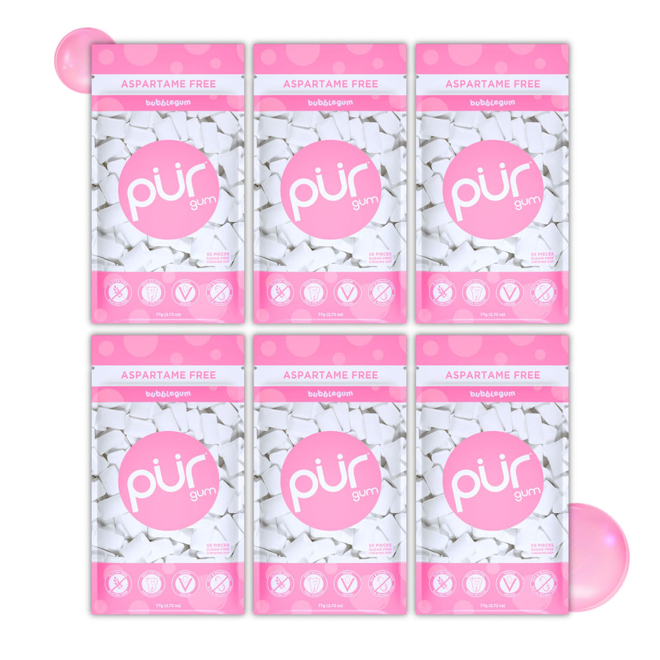 PUR Gum Bubblegum pack with 55 pieces in a six-pack for a nostalgic, sugar-free snack.
