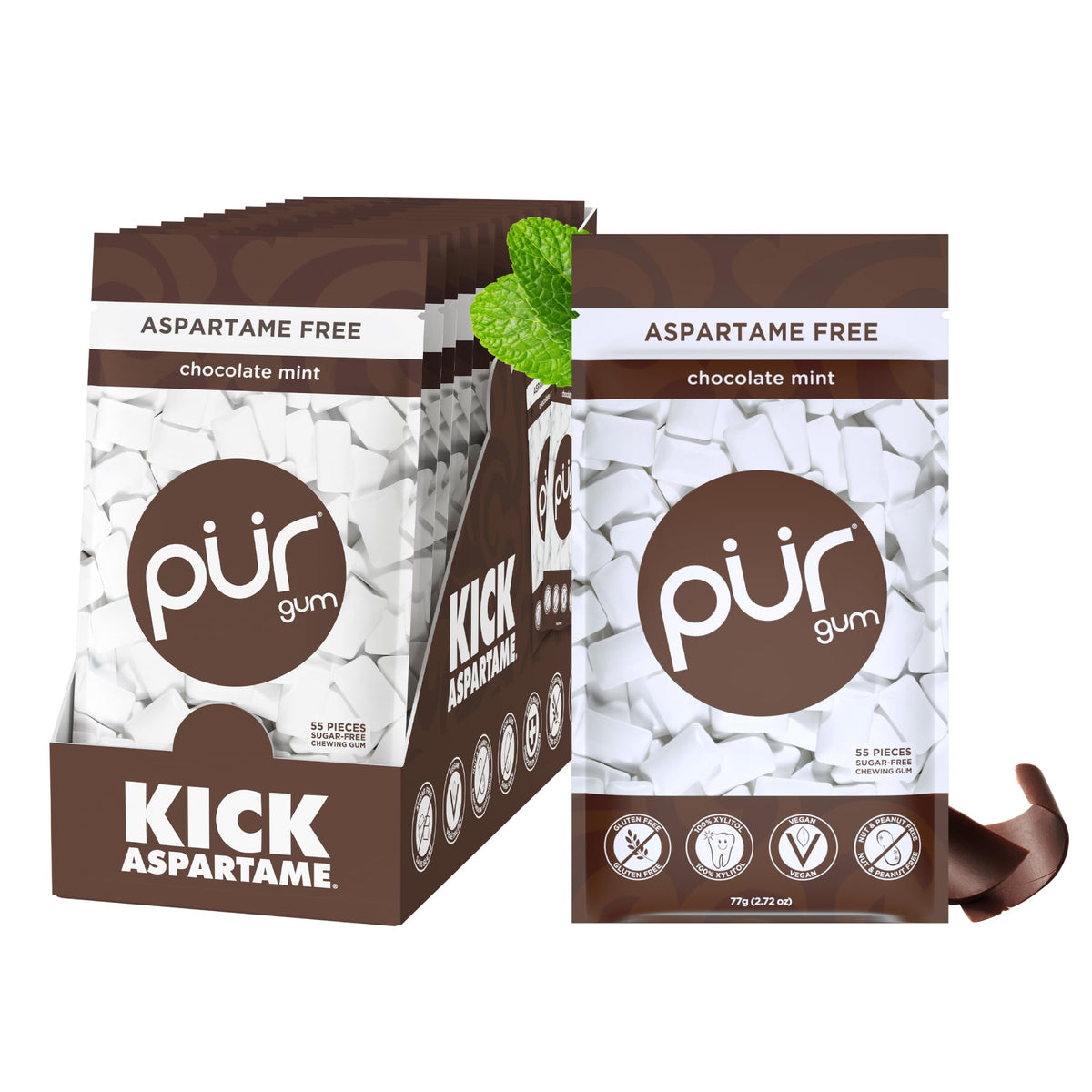 PUR Gum Chocolate Mint bag with 55 pieces, naturally sweetened with xylitol.