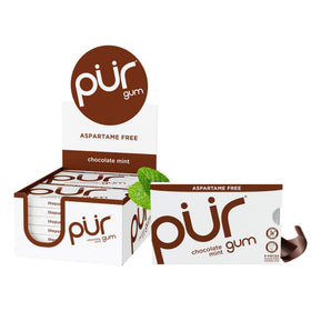 PUR Gum Chocolate Mint blister pack with 9 pieces on display.