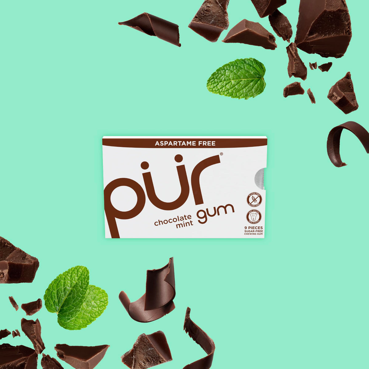 Shelf display of PUR Gum Chocolate Mint pack, vegan and gluten-free.