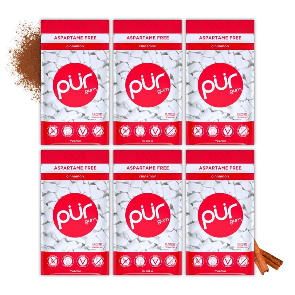 PUR Gum Cinnamon 55-piece pack in a resealable bag for on-the-go use.