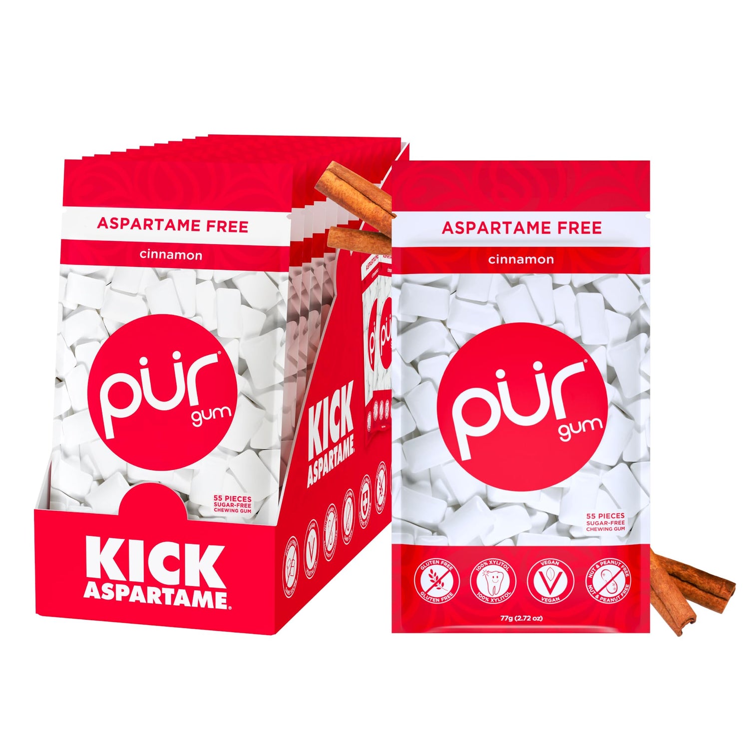 Pur Gum Cinnamon packaging front highlights the brand and sugar-free, xylitol-based formula.