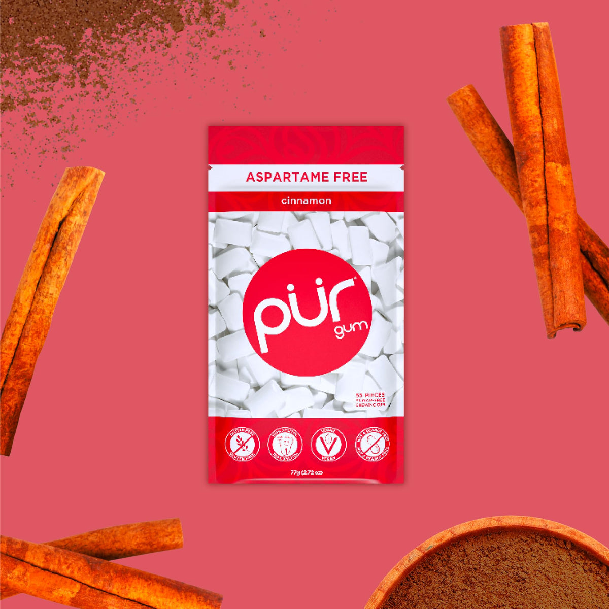 Pur Gum Cinnamon close-up shows 55 pieces and vibrant spicy-sweet flavor cues.