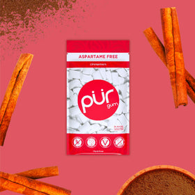 Pur Gum Cinnamon close-up shows 55 pieces and vibrant spicy-sweet flavor cues.