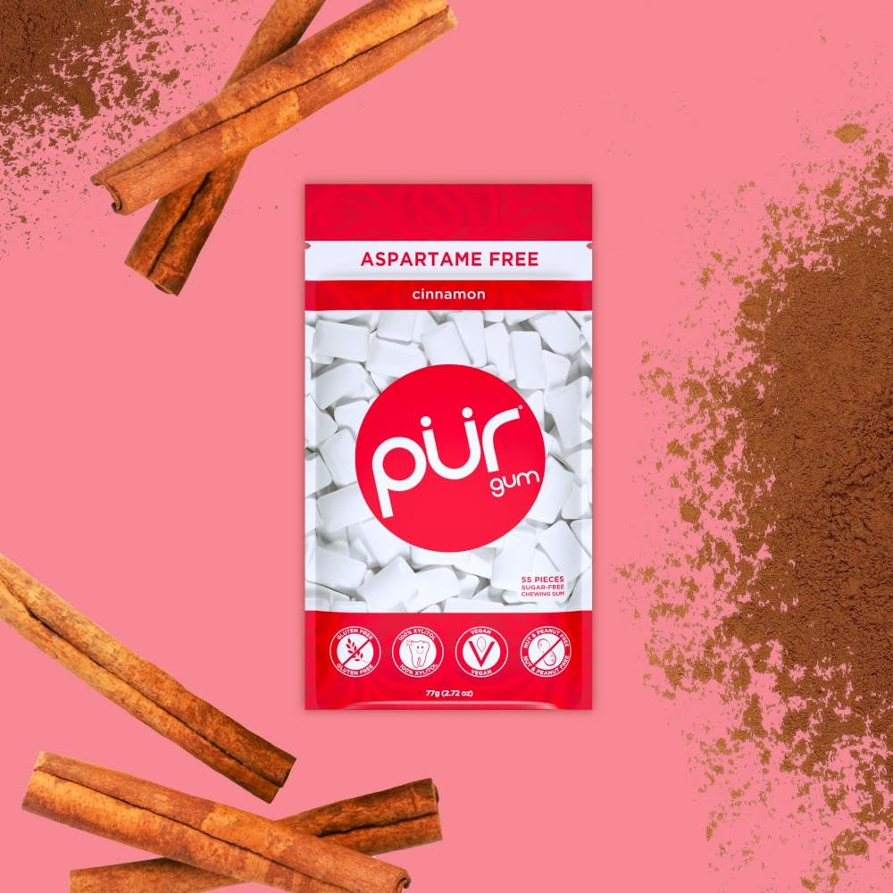 PUR Gum Cinnamon resealable bag showcases fresh, sugar-free chewing.