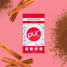 PUR Gum Cinnamon resealable bag showcases fresh, sugar-free chewing.