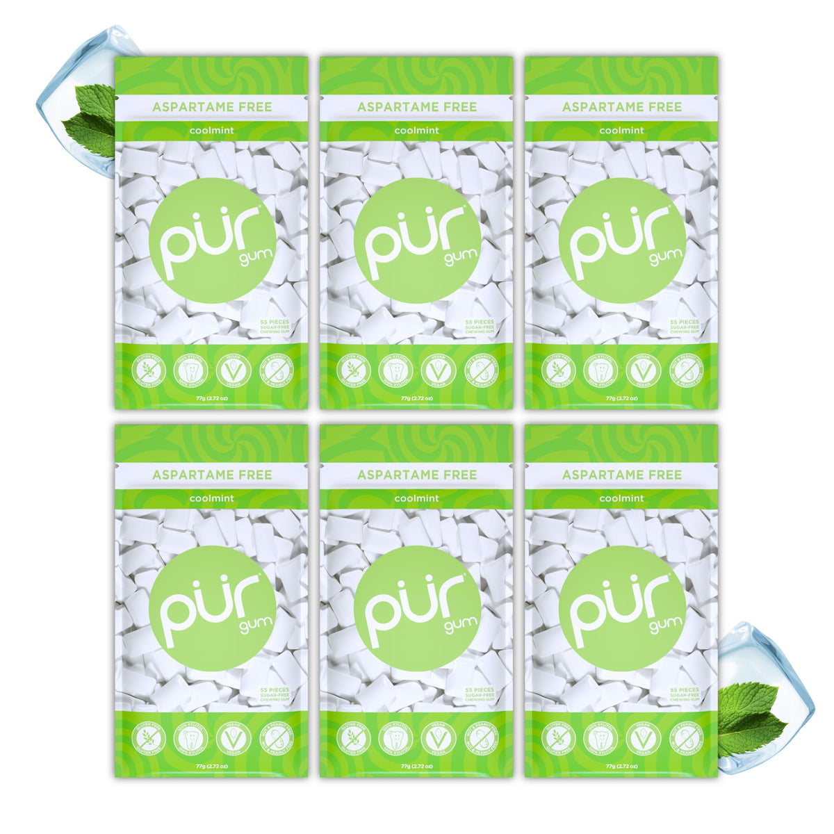 PUR Gum Coolmint bag with 55 pieces, naturally sweetened with xylitol.