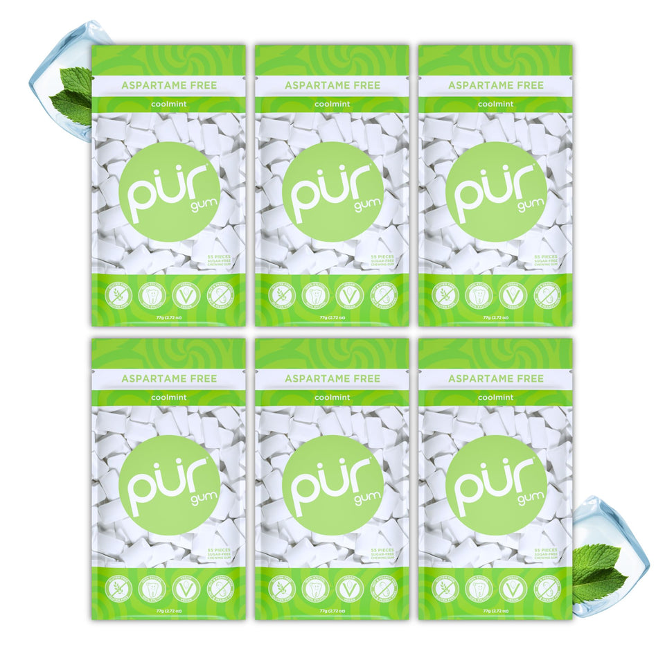 PUR Gum Coolmint bag with 55 pieces, naturally sweetened with xylitol.