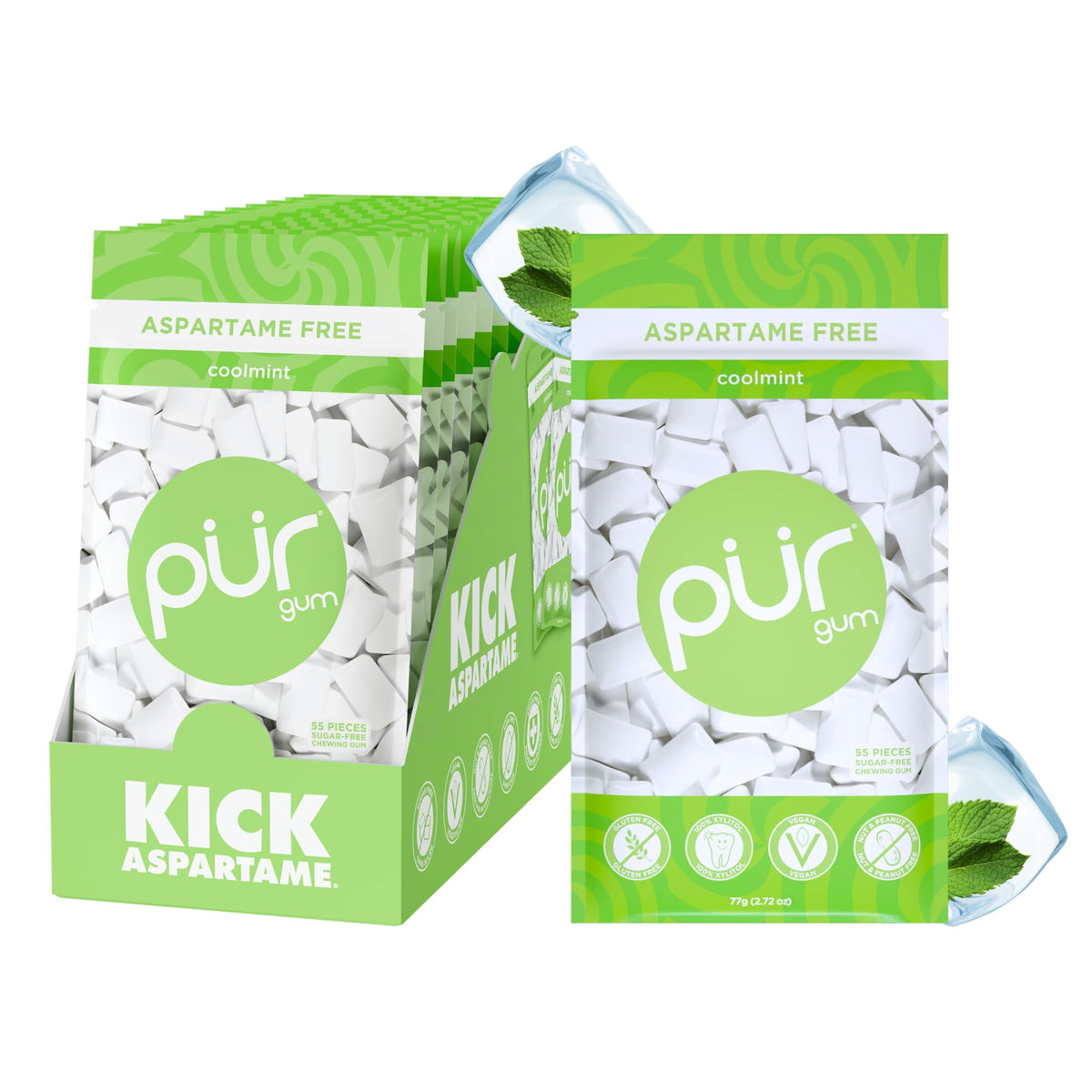 PUR Gum Coolmint bag with icy mint flavor for long-lasting freshness.