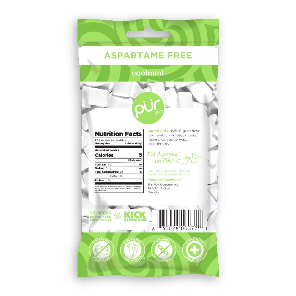 PUR Gum CoolMint pack back highlights ingredients and diabetic-friendly formula