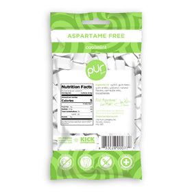 PUR Gum CoolMint pack back highlights ingredients and diabetic-friendly formula