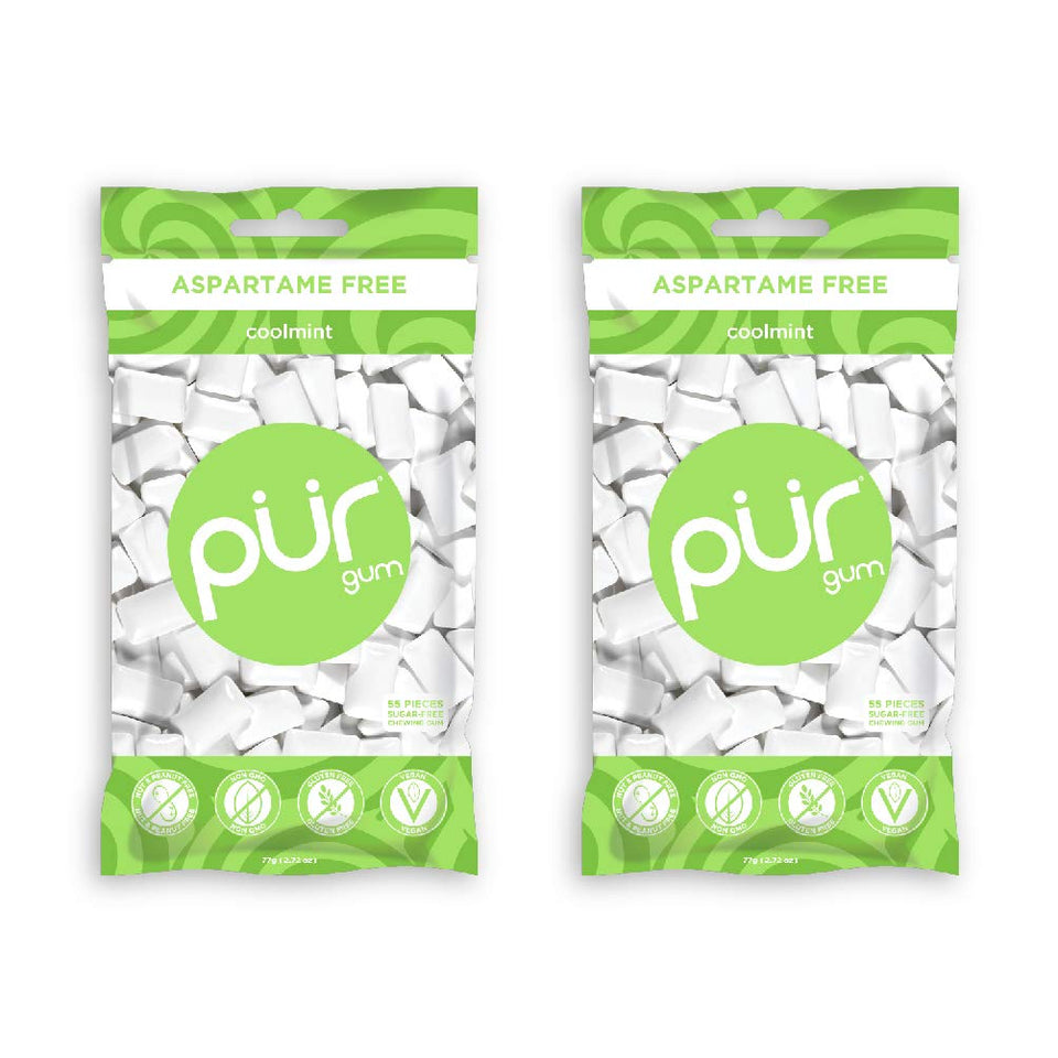 PUR Gum CoolMint pack front shows two resealable packs for sugar-free freshness