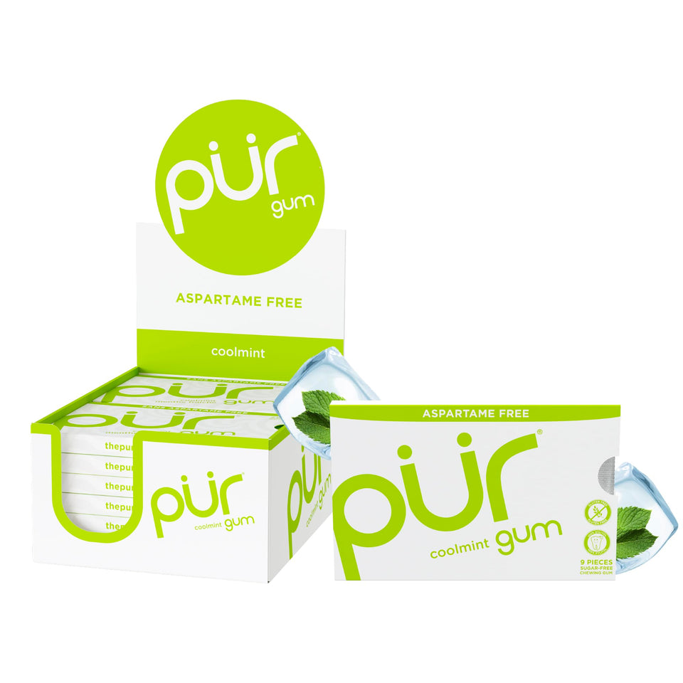 PUR Gum Coolmint pack shot showing 12 blister packs of 9 pieces each for fresh breath.