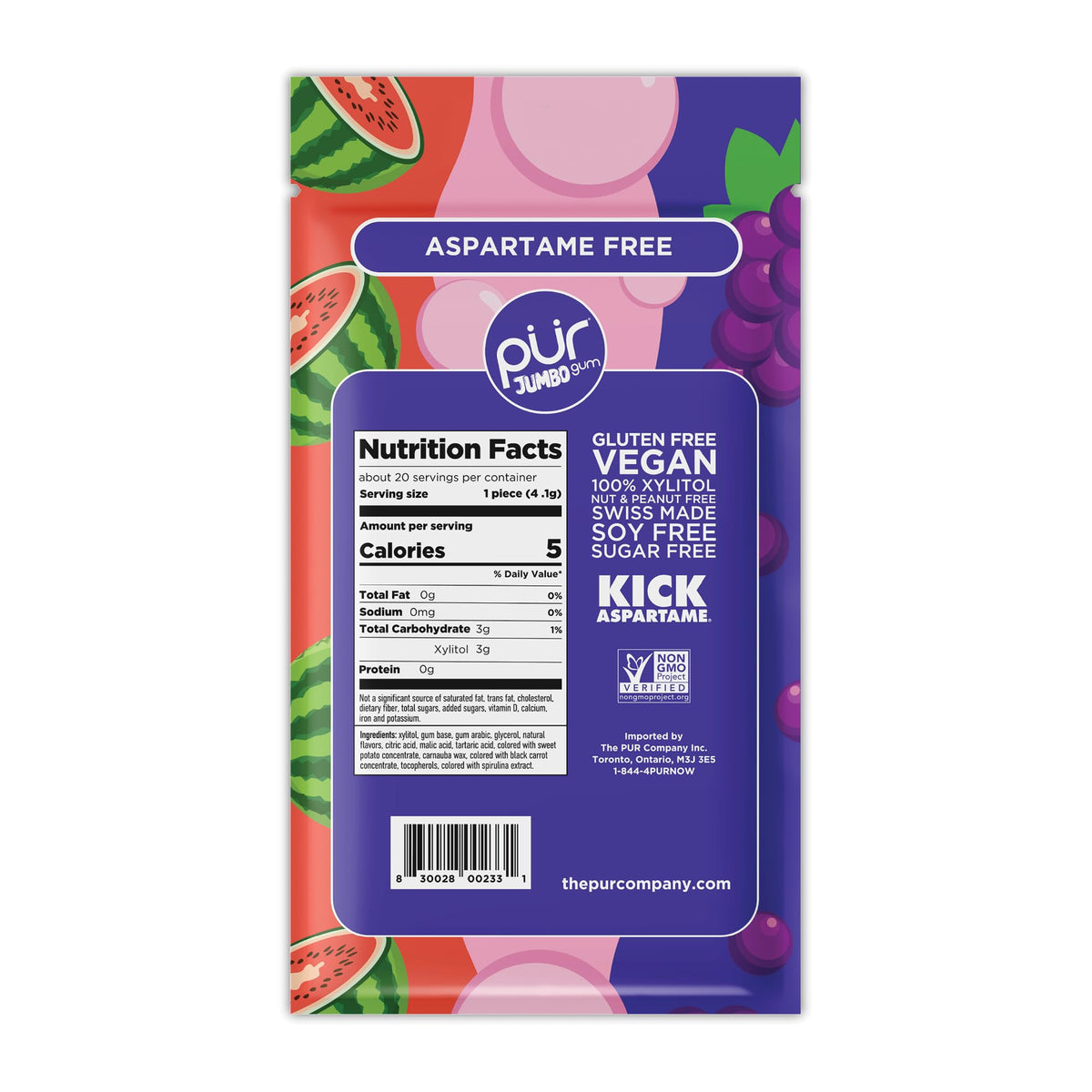 PUR Gum Jumbo allergen-free formula: vegan, gluten-free, non-GMO, keto friendly.