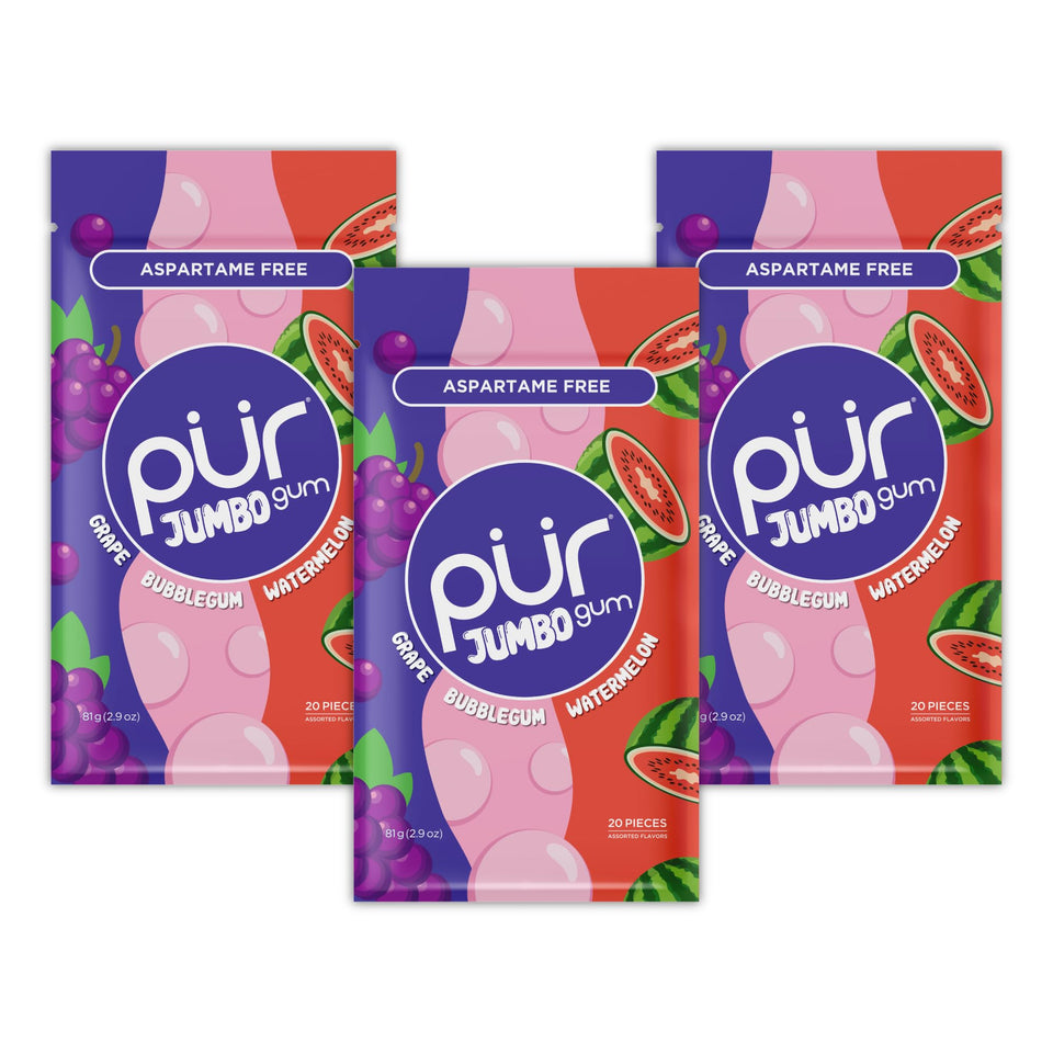 PUR Gum Jumbo bubblegum flavor piece for a long-lasting, sugar-free chew on the go.