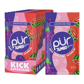 PUR Gum Jumbo bubblegum piece in resealable bag, naturally sweetened with 100% xylitol.