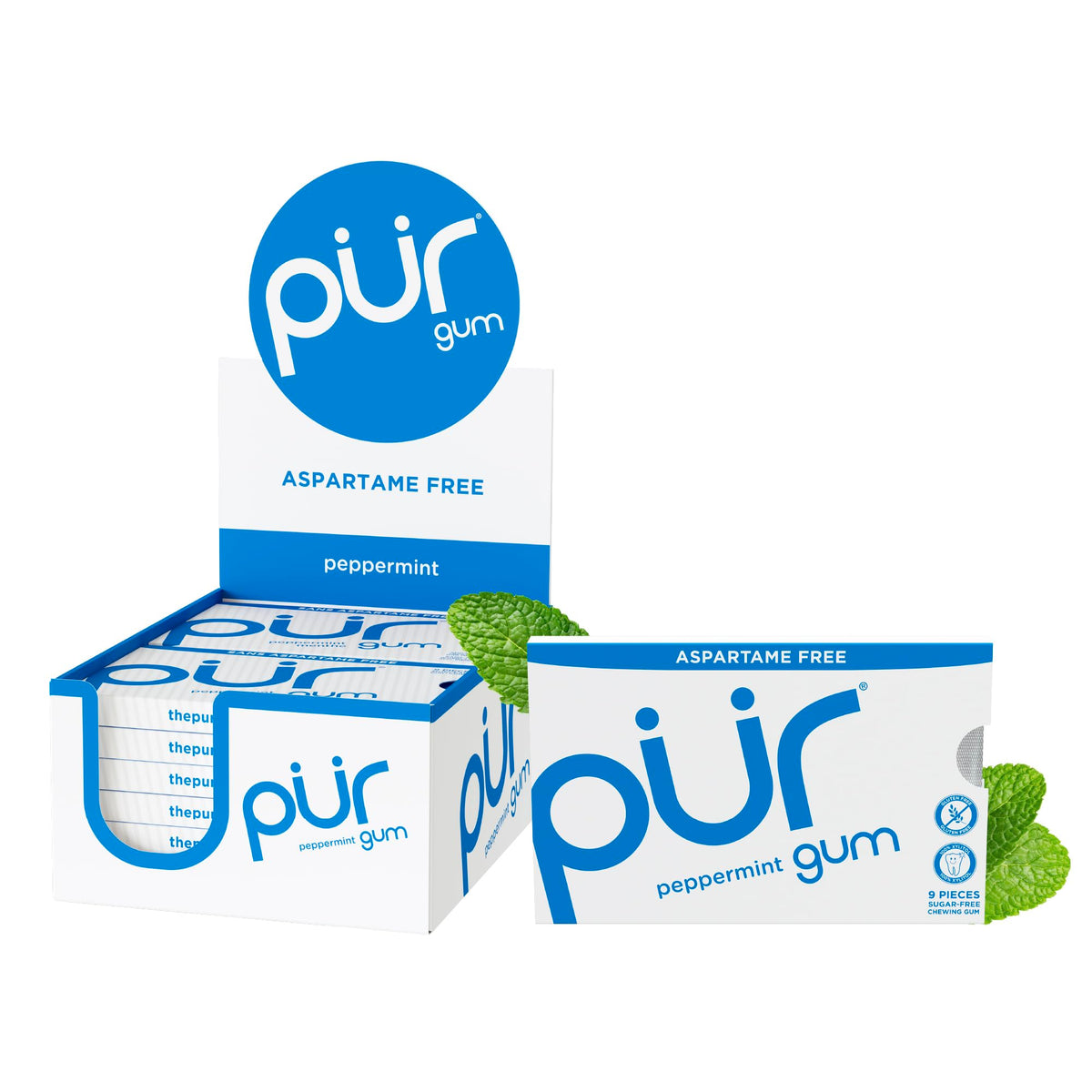 PUR Gum peppermint blister pack shows refreshing mint, ideal for on-the-go fresh breath.