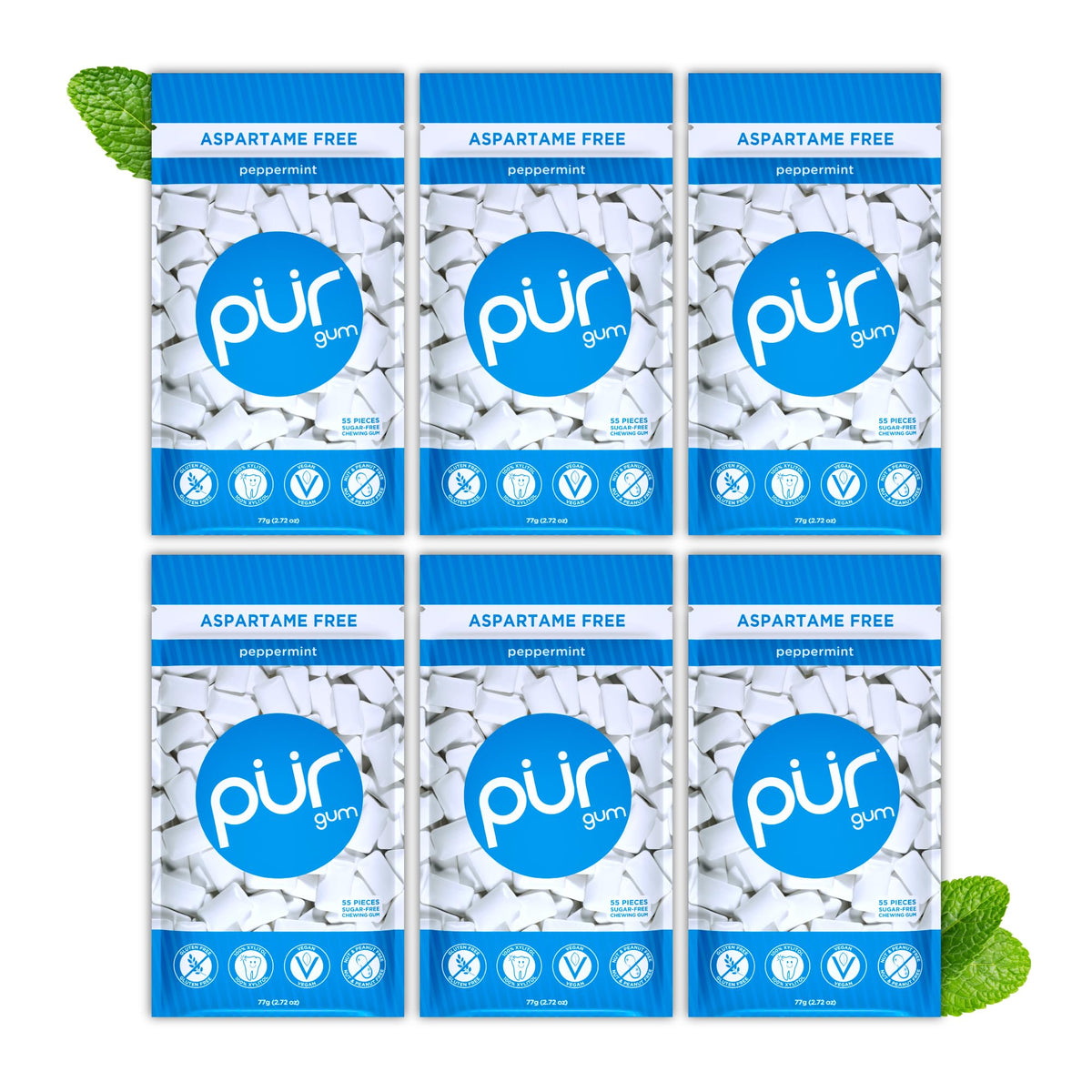 PUR Gum Peppermint 55 pieces in a six-pack for fresh breath