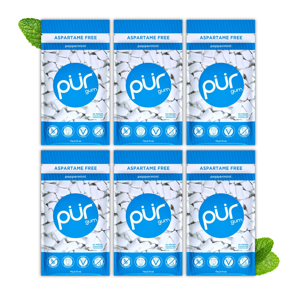 PUR Gum Peppermint 55 pieces in a six-pack for fresh breath