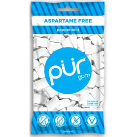 Pur Gum Peppermint packaging showing three resealable bags for fresh breath on the go