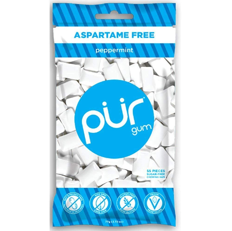 Pur Gum Peppermint packaging showing three resealable bags for fresh breath on the go
