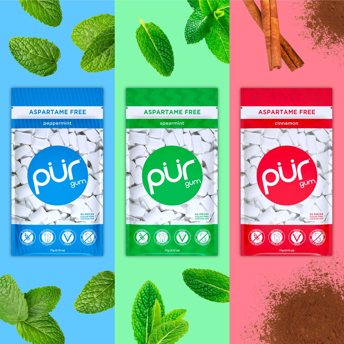 Pur Gum peppermint packaging highlights minty flavor for quick mouth refreshment
