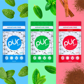 Pur Gum peppermint packaging highlights minty flavor for quick mouth refreshment