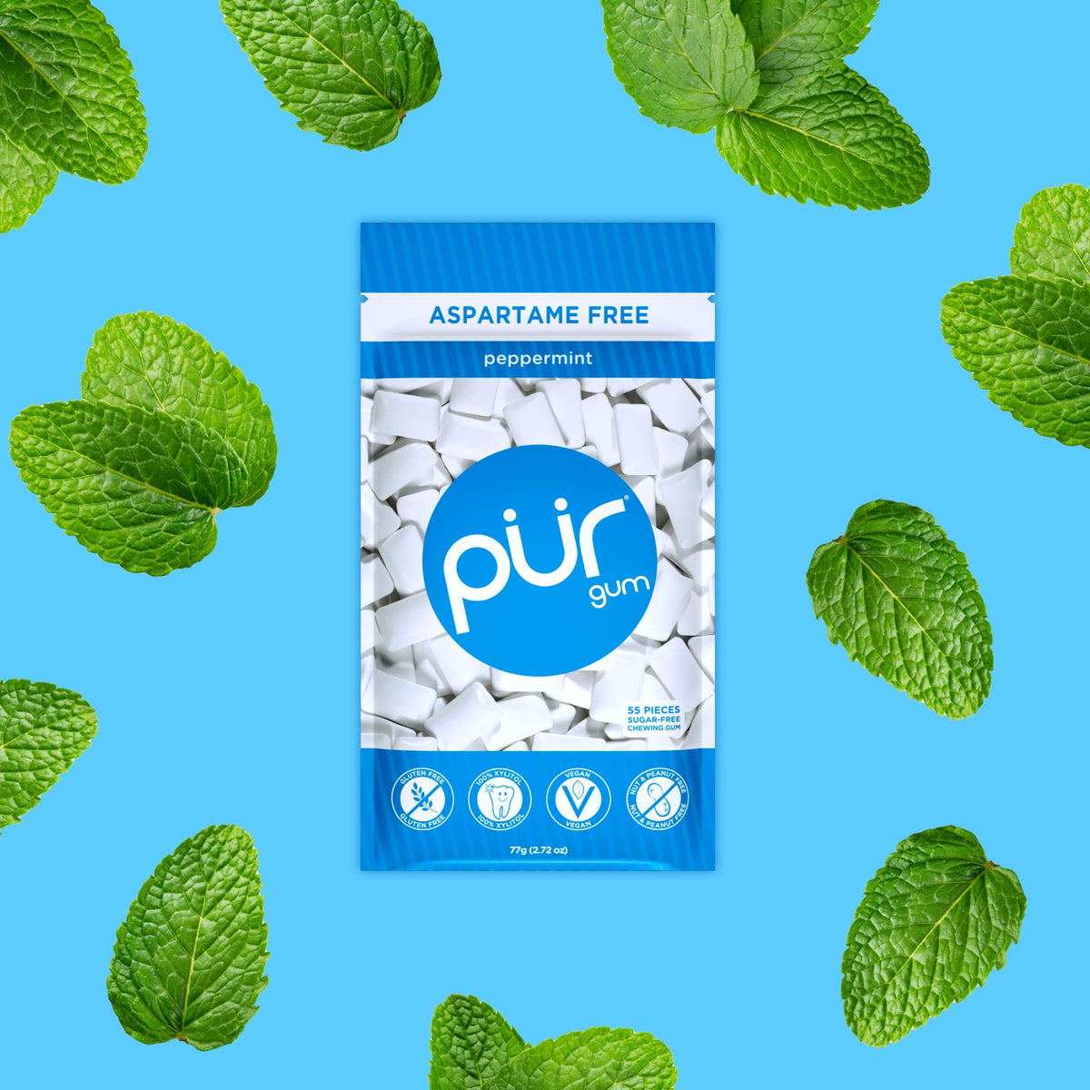 PUR Gum Peppermint displayed on shelf highlighting allergen-free, keto-friendly attributes