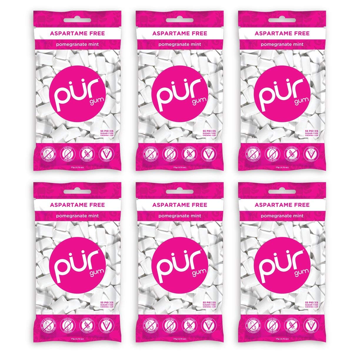 PUR Gum Pomegranate Mint 55-piece pack, sugar-free and fruity fresh breath