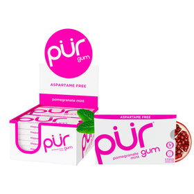 PUR Gum Pomegranate Mint blister pack showing convenient, sugar-free chew for on-the-go freshness