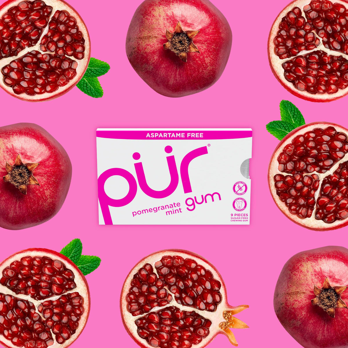 PUR Gum Pomegranate Mint pack closed, ready for shareable, travel-friendly refresh