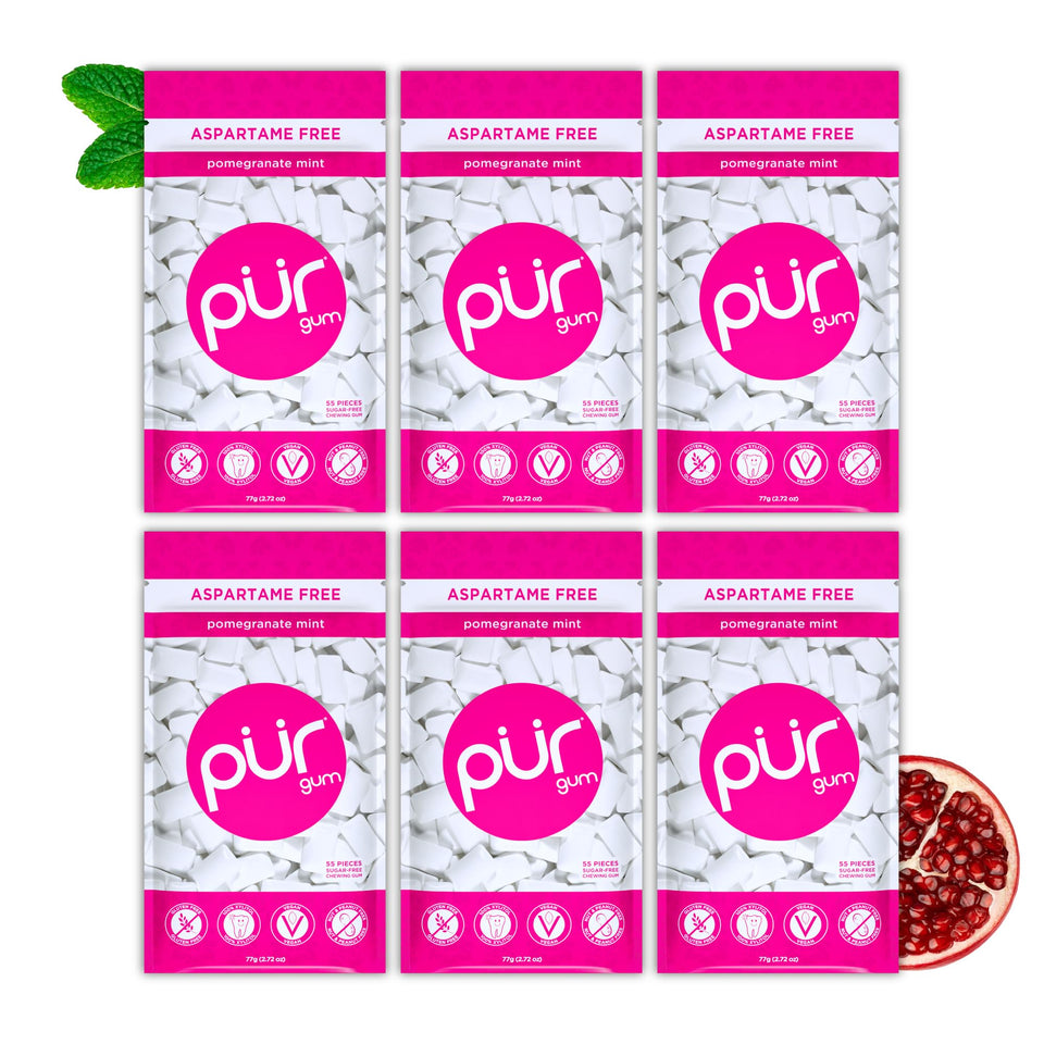 PUR Gum Pomegranate Mint pack front with resealable bag for on-the-go freshness