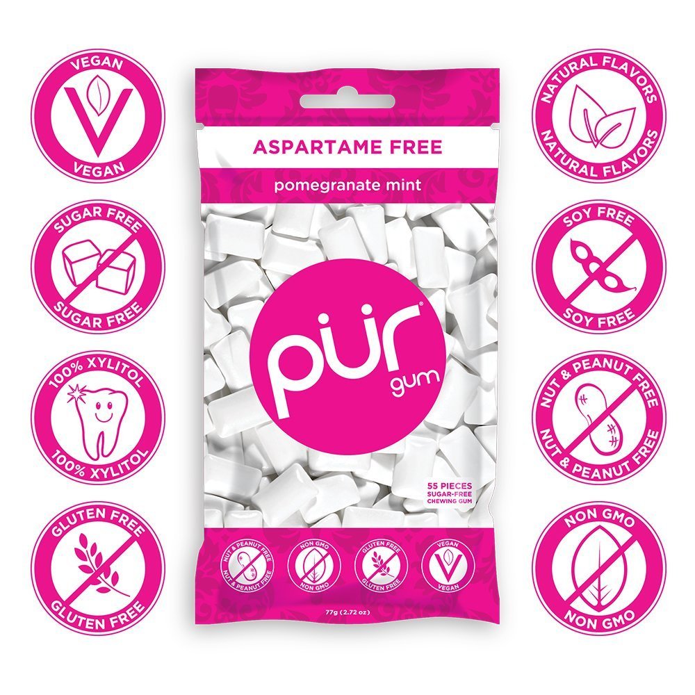 PUR Gum Pomegranate Mint resealable bag keeps gum fresh between uses