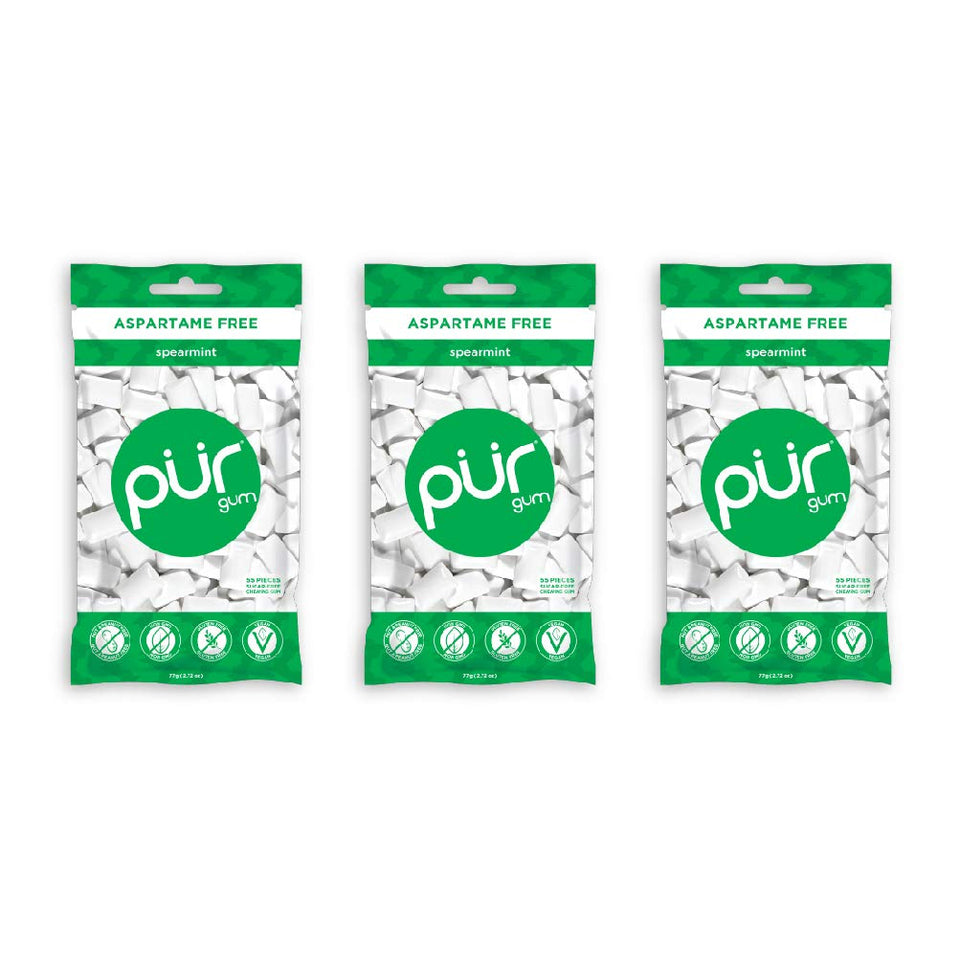 PUR Gum Spearmint 3-pack front view shows convenient triple-pack for freshness on the go