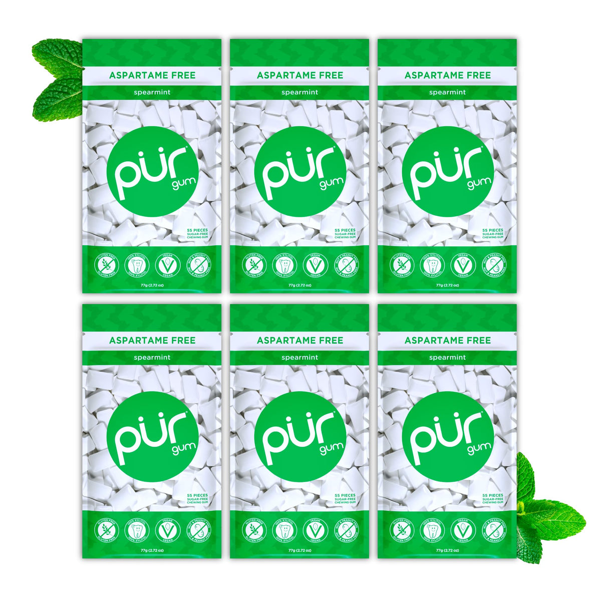 PUR Gum Spearmint resealable pack showing 55 pieces for on-the-go freshness
